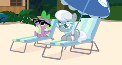 Size: 800x426 | Tagged: safe, edit, editor:undeadponysoldier, imported from ponybooru, silver spoon, spike, dragon, earth pony, pony, beach, beach chair, best friends, chillaxing, cute, female, filly, glasses, jewelry, lying down, male, necklace, pearl necklace, shipping, silverspike, sitting, straight, sunglasses, umbrella, vacation