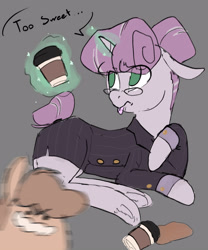 Size: 2500x3000 | Tagged: safe, artist:rirurirue, oc, oc only, oc:tuesday, oc:twosday, earth pony, pony, /mlp/, blob ponies, clothes, coffee, dot eyes, drawthread, duo, duo female, female, floppy ears, frown, glasses, gray background, hair bun, mare, pumpkin spice, pumpkin spice latte, simple background, sugar rush, tongue out, weekday ponies