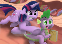 Size: 1280x909 | Tagged: safe, artist:pony-thunder, imported from derpibooru, spike, twilight sparkle, dragon, pony, unicorn, angry, book, bookshelf, diary, female, fluffy, funny, golden oaks library, jumping, library, male, mare, messy mane, open mouth, running, teeth grinding, this will end in pain, unicorn twilight