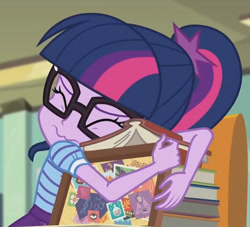 Size: 1643x1491 | Tagged: safe, imported from derpibooru, screencap, sci-twi, twilight sparkle, equestria girls, equestria girls series, the last day of school, book, cropped, solo, wavy mouth