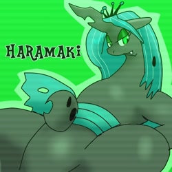 Size: 500x500 | Tagged: safe, artist:kushina13, imported from derpibooru, queen chrysalis, changeling, changeling queen, fangs, featureless crotch, female, haramaki, lidded eyes, solo