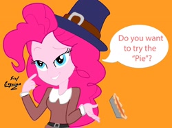 Size: 2024x1515 | Tagged: safe, artist:dashdeviant, imported from derpibooru, pinkie pie, equestria girls, bedroom eyes, food, innuendo, orange background, pie, pilgrim outfit, simple background, solo, talking to viewer