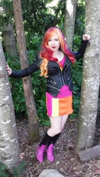 Size: 540x960 | Tagged: safe, artist:littlemissbloo, imported from derpibooru, sunset shimmer, human, equestria girls, clothes, cosplay, costume, irl, irl human, photo, solo, tree