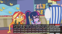 Size: 1920x1080 | Tagged: safe, edit, edited screencap, imported from derpibooru, screencap, flam, sci-twi, sunset shimmer, twilight sparkle, equestria girls, equestria girls series, rollercoaster of friendship, aerodynamics, caption, faic, honesty, meme, translation, youtube caption