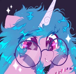 Size: 2481x2400 | Tagged: safe, artist:mirtash, imported from derpibooru, izzy moonbow, pony, unicorn, bust, dark background, g5, glasses, high res, meganekko, portrait, solo