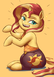 Size: 1240x1754 | Tagged: safe, artist:nire, imported from derpibooru, sunset shimmer, pony, unicorn, equestria girls, bare shoulders, blushing, clothes, curvy, cutie mark, cutie mark on clothes, equestria girls outfit, female, looking at you, mare, pants, pose, shirt, smiling, smiling at you, solo