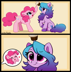 Size: 4560x4670 | Tagged: safe, artist:kittyrosie, imported from derpibooru, izzy moonbow, pinkie pie, earth pony, pony, unicorn, :t, absurd resolution, blushing, bracelet, cupcake, cute, diapinkes, dreamworks face, duo, duo female, eyebrows, eyebrows visible through hair, eyelashes, eyes closed, female, food, g4, g5, happy, heart, horn, horn impalement, izzy impaling things, izzybetes, jewelry, mare, open mouth, open smile, question mark, shadow, simple background, sitting, smiling, the new pinkie pie, unshorn fetlocks