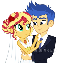 Size: 2326x2471 | Tagged: safe, artist:interstellar-quartz, imported from derpibooru, flash sentry, sunset shimmer, equestria girls, clothes, dress, female, flashimmer, high res, male, marriage, shipping, simple background, straight, suit, transparent background, wedding, wedding dress