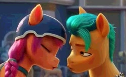 Size: 763x468 | Tagged: safe, imported from derpibooru, screencap, hitch trailblazer, sunny starscout, earth pony, pony, spoiler:my little pony: a new generation, 3d, cropped, female, g5, male, mare, my little pony: a new generation, out of context, pursed lips, singing, stallion