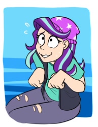 Size: 684x888 | Tagged: safe, artist:redxbacon, imported from derpibooru, starlight glimmer, equestria girls, beanie, clothes, emanata, female, grin, hat, human coloration, nervous, nervous grin, shirt, smiling, solo, sweat, sweatdrops, torn clothes