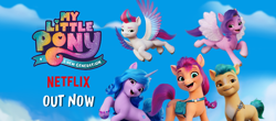 Size: 820x360 | Tagged: safe, imported from derpibooru, hitch trailblazer, izzy moonbow, pipp petals, sunny starscout, zipp storm, g5, mane five (g5), my little pony: a new generation, netflix logo, pony history