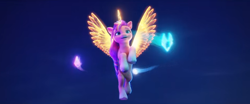 Size: 2076x865 | Tagged: safe, imported from derpibooru, screencap, sunny starscout, alicorn, pony, spoiler:my little pony: a new generation, 3d, alicornified, artificial alicorn, artificial horn, artificial wings, augmented, earth pony crystal, eyebrows, female, flying, g5, magic, magic horn, magic wings, mane stripe sunny, mare, my little pony: a new generation, night, open mouth, open smile, pegasus crystal, princess sunny starscout, race swap, sky, smiling, solo, spread wings, sunnycorn, unicorn crystal, wings