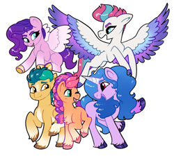 Size: 2000x1800 | Tagged: safe, artist:loryska, imported from derpibooru, hitch trailblazer, izzy moonbow, pipp petals, sunny starscout, zipp storm, earth pony, pegasus, pony, unicorn, adorapipp, adorazipp, cute, g5, mane five (g5), royal sisters (g5), siblings, simple background, sisters, white background