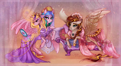 Size: 1280x703 | Tagged: safe, artist:cigarscigarettes, imported from derpibooru, oc, oc only, oc:double mind, oc:power plant, alicorn, pegasus, pony, alicorn oc, conjoined, conjoined twins, horn, multiple heads, two heads, wings