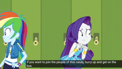 Size: 1920x1080 | Tagged: safe, edit, edited screencap, imported from derpibooru, screencap, rainbow dash, rarity, best trends forever, equestria girls, equestria girls series, best trends forever: rainbow dash, bus, candy, caption, food, meme, translation, youtube caption