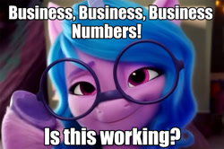 Size: 1159x771 | Tagged: safe, edit, edited screencap, imported from derpibooru, screencap, izzy moonbow, spoiler:my little pony: a new generation, 3d, biznis kitty, caption, g5, glasses, heart, hoof heart, image macro, lego, looking at you, my little pony: a new generation, text, the lego movie, underhoof, unikitty, upside-down hoof heart