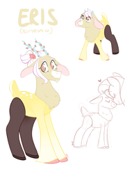 Size: 971x1352 | Tagged: safe, artist:waackery, imported from derpibooru, fluttershy, oc, oc:eris, draconequus, hybrid, draconequus oc, female, interspecies offspring, mare, offspring, parent:discord, parent:fluttershy, parents:discoshy, reference sheet, simple background, smiling, white background