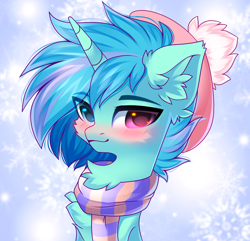 Size: 3456x3333 | Tagged: safe, artist:airiniblock, imported from derpibooru, oc, oc only, oc:sleepy whistles, pony, unicorn, bust, clothes, fluffy, hat, heterochromia, high res, portrait, rcf community, scarf, solo, winter hat