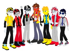 Size: 1128x812 | Tagged: safe, artist:robertsonskywa1, imported from derpibooru, bee, human, equestria girls, equestria girls series, bumblebee, clash of hasbro's titans, clothes, equestria girls-ified, glasses, group, holomatter avatar, humanized, ironhide, jazz, rodimus, sideswipe, simple background, sunstreaker, transformers, wheeljack, white background