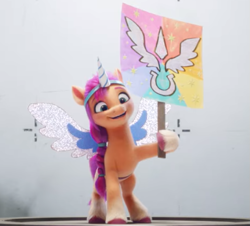 Size: 539x488 | Tagged: safe, imported from derpibooru, screencap, sunny starscout, 3d, cute, fake horn, fake wings, g5, my little pony: a new generation, sign, smiling, sunnybetes