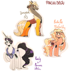 Size: 1855x1907 | Tagged: safe, artist:waackery, imported from derpibooru, oc, oc only, draconequus, hybrid, pegasus, unicorn, draconequus oc, female, horn, interspecies offspring, magical lesbian spawn, mare, offspring, parent:applejack, parent:discord, parent:fluttershy, parent:pinkie pie, parent:princess celestia, parent:rarity, parents:applecord, parents:flutterpie, parents:rarilestia, pegasus oc, raised hoof, smiling, unicorn oc, wings