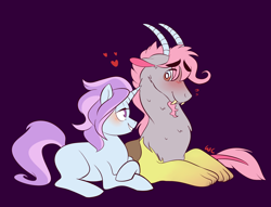 Size: 2000x1526 | Tagged: safe, artist:waackery, imported from derpibooru, oc, oc only, draconequus, hybrid, pony, unicorn, blushing, chest fluff, draconequus oc, female, heart, horn, interspecies offspring, mare, oc x oc, offspring, parent:discord, parent:fluttershy, parents:discoshy, purple background, shipping, simple background, smiling, unicorn oc