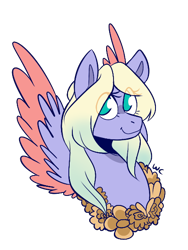 Size: 434x578 | Tagged: safe, artist:waackery, imported from derpibooru, oc, oc only, pegasus, pony, bust, colored wings, eye clipping through hair, eyelashes, female, floral head wreath, flower, mare, pegasus oc, signature, simple background, smiling, solo, transparent background, two toned wings, wings