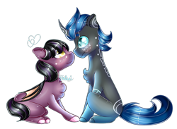 Size: 3344x2453 | Tagged: safe, artist:fantisai, imported from derpibooru, oc, oc only, bat pony, pony, unicorn, bat pony oc, chest fluff, duo, high res, horn, looking at each other, simple background, smiling, transparent background, unicorn oc