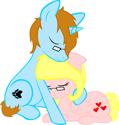 Size: 2248x2351 | Tagged: safe, artist:zombietator, imported from derpibooru, oc, oc:claire, oc:wolfie, pegasus, pony, unicorn, duo, female, glasses, high res, horn, hug, male, mare, paw prints, pegasus oc, simple background, smiling, stallion, transparent background, unicorn oc