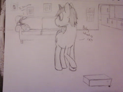 Size: 1280x960 | Tagged: safe, artist:zombietator, imported from derpibooru, oc, oc:claire, pony, unicorn, 2013, couch, dialogue, duo, female, horn, indoors, lineart, looking back, male, mare, raised hoof, stallion, traditional art, unicorn oc