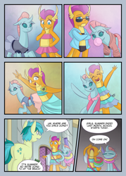 Size: 2591x3624 | Tagged: safe, artist:mustachedbain, imported from derpibooru, ocellus, sandbar, smolder, changedling, changeling, dragon, earth pony, pony, back to school, bubblegum, clothes, comic, dragoness, female, food, gum, high res, inflatable, pool noodle, pool toy, sarong, summer, summer vacation, sunglasses, swimsuit, trio