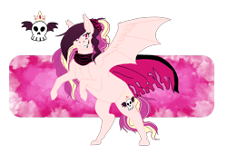 Size: 1788x1213 | Tagged: safe, artist:dr4m4-qu33n, imported from derpibooru, oc, oc only, bat pony, pony, bat pony oc, bat wings, female, magical lesbian spawn, mare, offspring, parent:fluttershy, parent:princess cadance, rearing, simple background, skull, smiling, smirk, solo, transparent background, wings