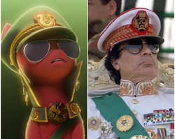 Size: 1496x1188 | Tagged: safe, edit, edited screencap, imported from derpibooru, screencap, sprout cloverleaf, earth pony, human, pony, my little pony: the movie, 3d, comparison, dictator, emperor sprout, g5, great socialist people's libyan arab jamahiriya, hat, irl, irl human, libya, male, muammar gaddafi, my little pony: a new generation, photo, stallion, sunglasses