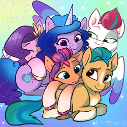 Size: 2048x2048 | Tagged: safe, artist:pfeffaroo, imported from derpibooru, hitch trailblazer, izzy moonbow, pipp petals, sunny starscout, zipp storm, earth pony, pegasus, pony, unicorn, adorapipp, adorazipp, cuddle puddle, cuddling, cute, female, g5, high res, hitch trailblazer gets all the mares, male, mane five (g5), mare, my little pony: a new generation, pony pile, royal sisters (g5), siblings, sisters, smiling, stallion