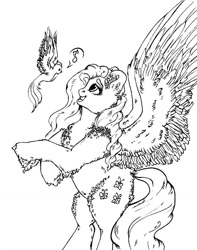 Size: 802x1017 | Tagged: safe, artist:skior, imported from derpibooru, fluttershy, bird, pony, monochrome, solo, traditional art