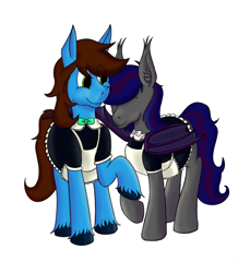 Size: 2176x2380 | Tagged: safe, artist:daudaen, imported from derpibooru, oc, oc only, oc:daudaen, oc:firestarter, bat pony, earth pony, pony, bat wings, brown mane, clothes, crossdressing, duo, ear fluff, ear tufts, eye clipping through hair, eyes closed, female, folded wings, high res, maid, male, raised hoof, simple background, smiling, snuggling, standing, two toned mane, unshorn fetlocks, white background, wings