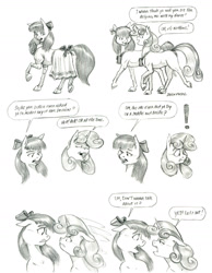 Size: 1100x1416 | Tagged: safe, artist:baron engel, imported from derpibooru, apple bloom, sweetie belle, earth pony, pony, unicorn, female, filly, monochrome, pencil drawing, story included, traditional art