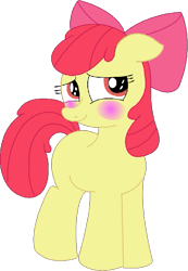 Size: 439x635 | Tagged: safe, artist:angrymetal, imported from derpibooru, apple bloom, earth pony, pony, apple bloom's bow, blushing, bow, female, filly, floppy ears, hair bow, red eyes, red mane, simple background, smiling, solo, standing, transparent background