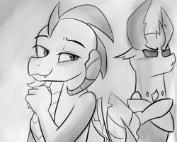 Size: 1280x1024 | Tagged: safe, artist:zouyugi, imported from derpibooru, princess ember, thorax, changedling, changeling, dragon, blushing, crossed hooves, dragoness, embrax, female, grayscale, grin, king thorax, male, monochrome, shipping, smiling, smug, straight, tsundere