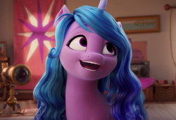 Size: 1145x784 | Tagged: safe, imported from derpibooru, screencap, izzy moonbow, pony, unicorn, spoiler:my little pony: a new generation, 3d, female, g5, horn, indoors, looking up, mare, my little pony: a new generation, open mouth, open smile, smiling, solo