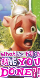 Size: 430x842 | Tagged: safe, editor:horsesplease, imported from derpibooru, sprout cloverleaf, pony, anti-mind reading cap, candy land, caption, expand dong, exploitable meme, g5, horrified, image macro, meme, reaction image, solo, vulgar, what have you done?!, wtf