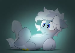 Size: 2064x1457 | Tagged: safe, artist:mochi_nation, imported from derpibooru, oc, oc only, oc:silver bolt, earth pony, pony, blue eyes, blushing, confused, earth pony oc, eye clipping through hair, female, floppy ears, glowing, lying down, mare, on back, shadow, solo, tail, two toned mane, two toned tail, underhoof