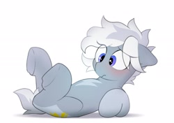 Size: 2064x1457 | Tagged: safe, artist:mochi_nation, imported from derpibooru, oc, oc only, oc:silver bolt, earth pony, pony, blue eyes, blushing, confused, earth pony oc, eye clipping through hair, female, floppy ears, lying down, mare, on back, shadow, simple background, solo, tail, two toned mane, two toned tail, underhoof, white background