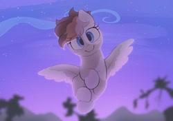 Size: 2064x1457 | Tagged: safe, artist:mochi_nation, imported from derpibooru, oc, oc only, oc:sunrich maron, pegasus, pony, unicorn, female, flying, freckles, looking at you, mare, night, solo, spread wings, wings