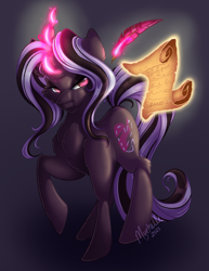 Size: 2550x3300 | Tagged: safe, artist:mychelle, imported from derpibooru, oc, oc only, oc:cross stitch, pony, unicorn, female, high res, magic, mare, quill, scroll, solo