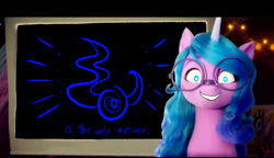 Size: 1280x736 | Tagged: safe, edit, edited screencap, editor:horsesplease, imported from derpibooru, screencap, izzy moonbow, pony, unicorn, spoiler:my little pony: a new generation, 3d, chaos (warhammer 40k), doodle, evil grin, female, g5, glasses, grin, horn, izzy's presentation, mare, my little pony: a new generation, smiling, solo, text, tzeentch, warhammer (game), warhammer 40k