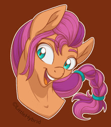 Size: 792x900 | Tagged: safe, artist:hybridshila, artist:littlehybridshila, imported from derpibooru, sunny starscout, earth pony, pony, braid, brown background, bust, eyebrows, eyebrows visible through hair, female, g5, mare, open mouth, open smile, outline, portrait, simple background, smiling, solo, watermark, white outline