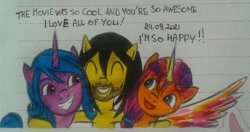 Size: 750x396 | Tagged: safe, artist:karadeg, derpibooru exclusive, imported from derpibooru, izzy moonbow, sunny starscout, oc, oc:karadeg, alicorn, unicorn, g5, hug, lined paper, my little pony: a new generation, traditional art