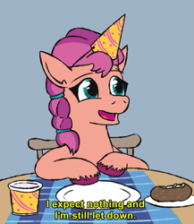 Size: 683x788 | Tagged: safe, artist:jargon scott, imported from derpibooru, sunny starscout, earth pony, pony, baked potato, female, food, g5, hat, i expect nothing and i'm still let down, malcolm in the middle, mare, meme, party hat, potato, solo, subtitles, text