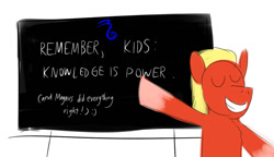 Size: 1024x589 | Tagged: safe, artist:horsesplease, imported from derpibooru, sprout cloverleaf, chalkboard, chaos (warhammer 40k), doodle, emperor sprout, g5, grin, magnus did nothing wrong, magnus the red, meme, sad sprout, smiling, sprout the red, this will end in pain, tzeentch, warhammer (game), warhammer 40k